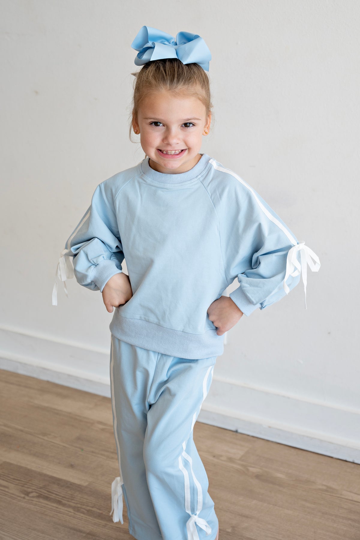 Powder Blue Bow Trim Sweatshirt and Pants Set
