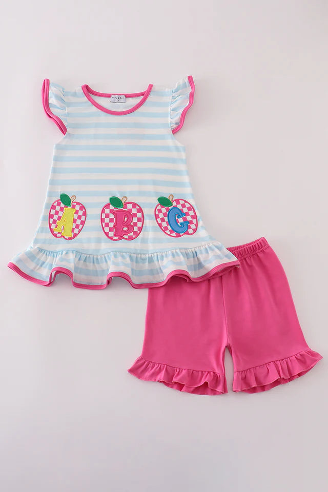 Apple ABC applique ruffle shorts set