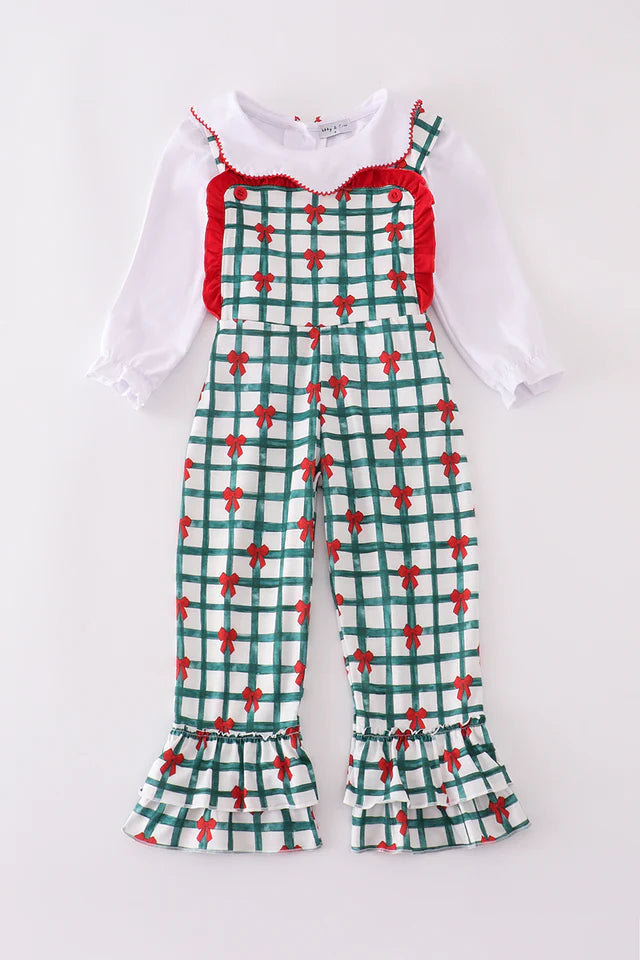 Green bow plaid jumpsuit set