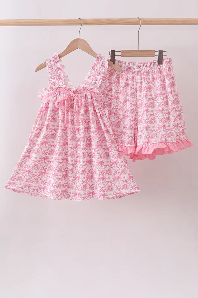 Adult Pink floral print bow ruffle shorts set