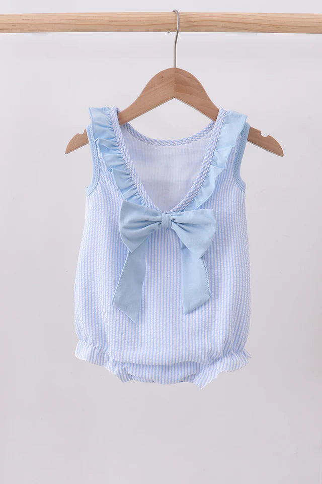 Blue nautical trio embroidery seersucker ruffle bubble