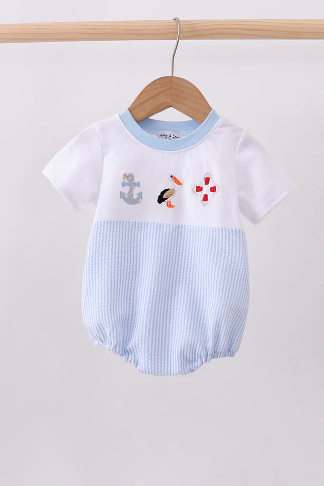 Blue nautical trio embroidery seersucker boy bubble