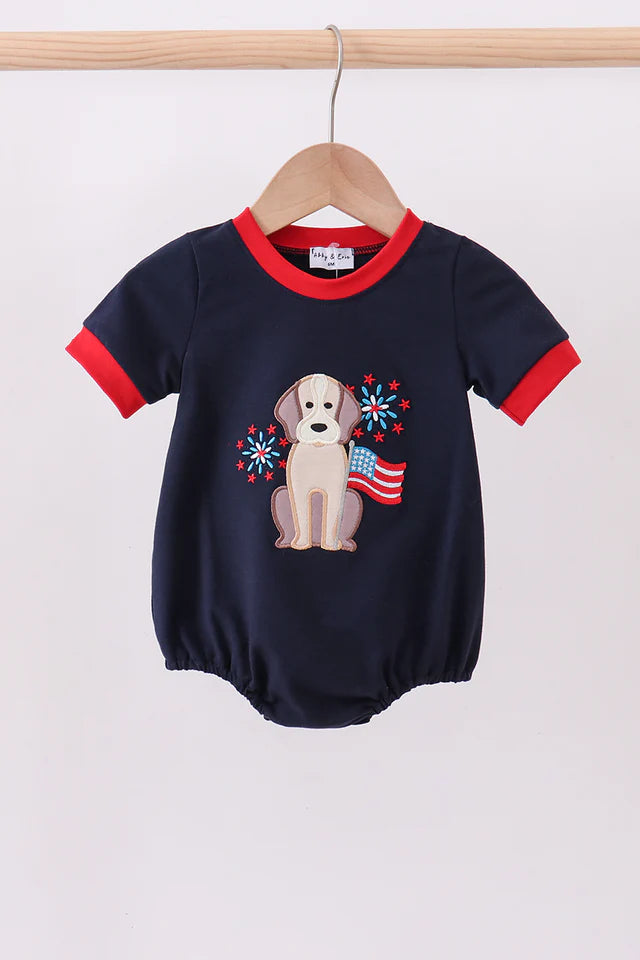 Navy puppy fireworks applique bubble