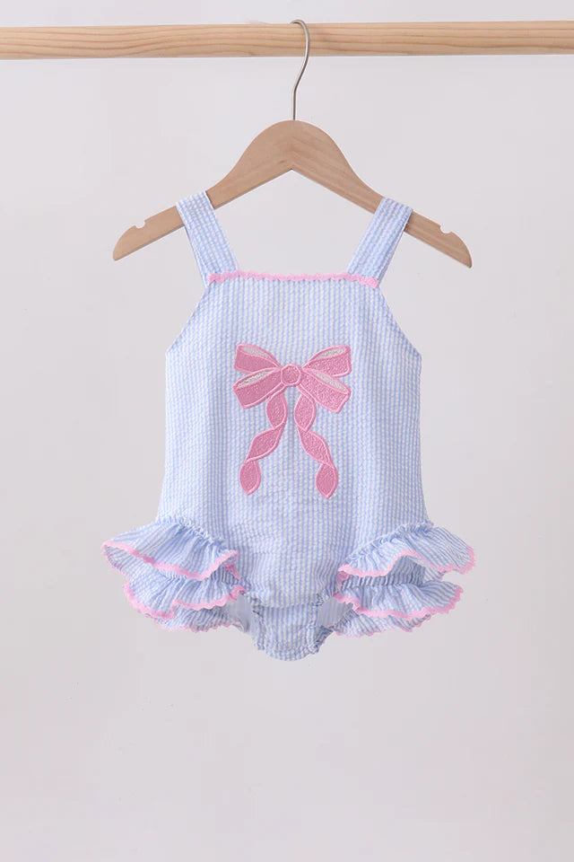 Blue bow embroidery seersucker ruffle swimsuit (runs small)