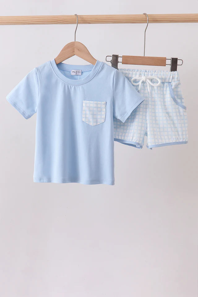 Blue Plaid Shorts Set
