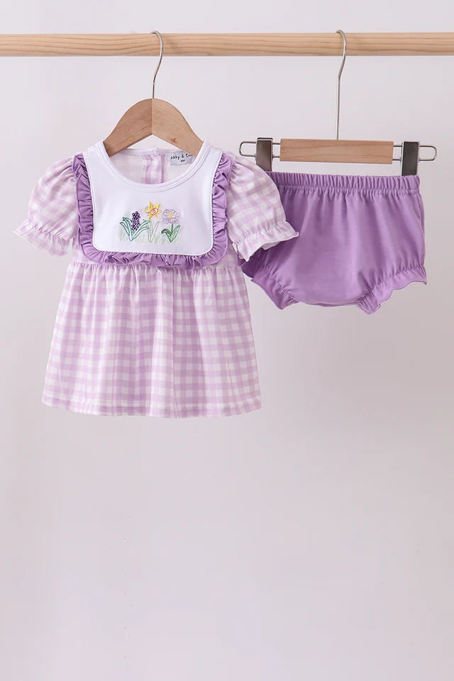 PRESALE- Purple Floral Embroidered Gingham Bloomer Set (ETA: 8/20/26)