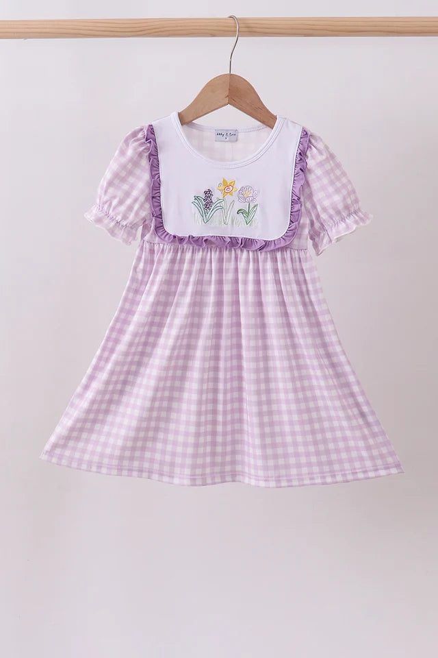 PRESALE - Purple floral embroidery gingham ruffle dress - ETA 8/20/26