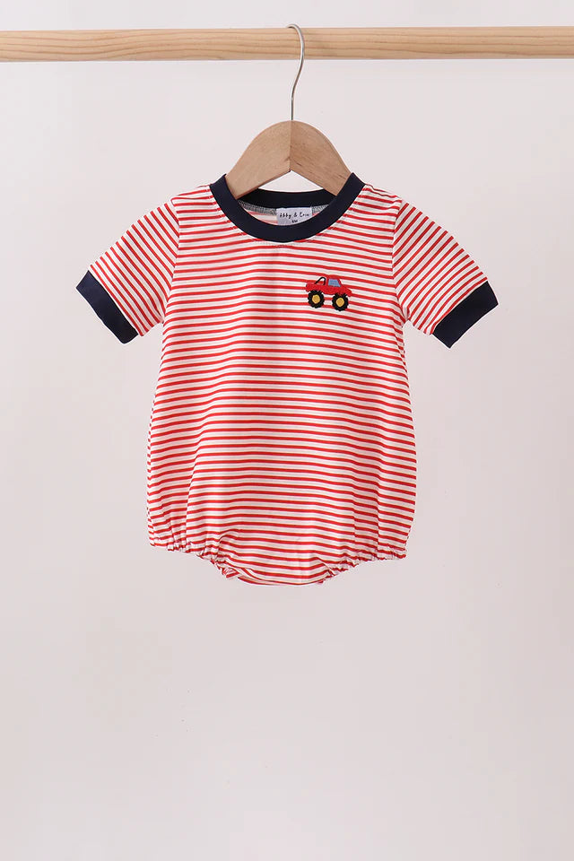Red Stripe Truck Embroidered Romper