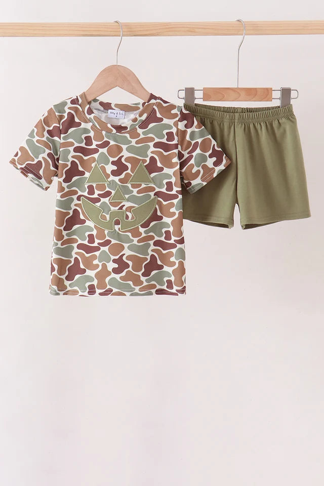 Camouflage Jack-O-Lantern Applique Shorts Set (ETA: 9/4/26)