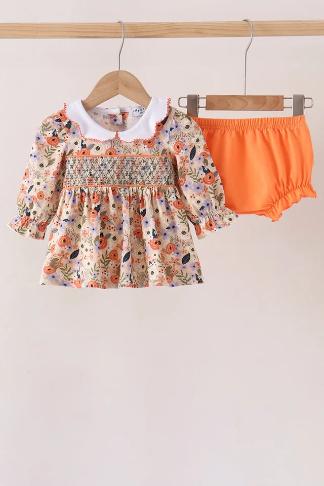 Coral Floral Smocked Bloomer Set