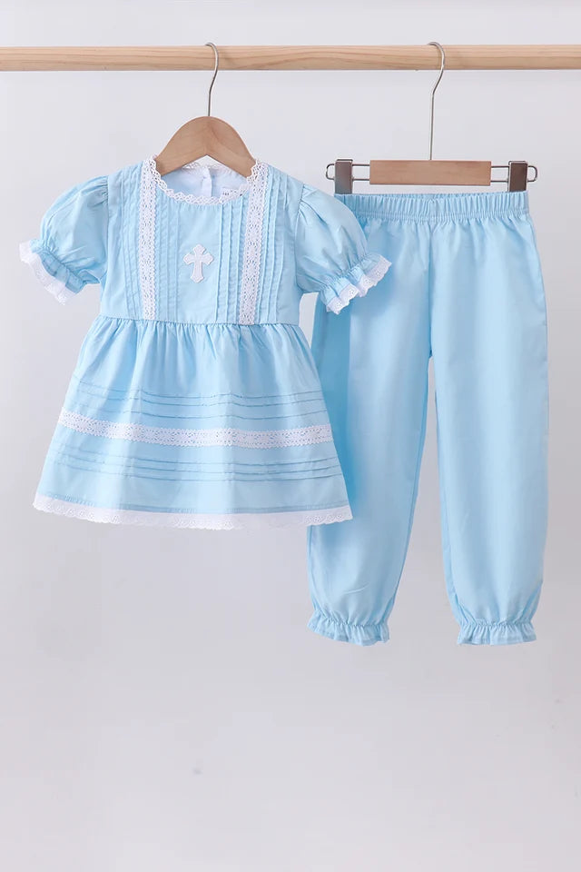 PRESALE - Blue cross embroidery lace pants set - ETA 8/20/26