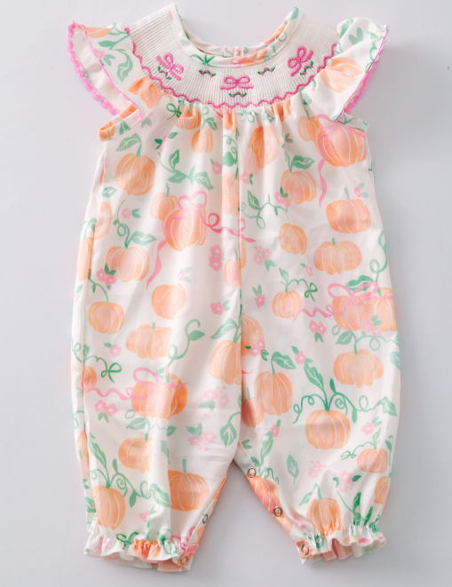 Peachy Pumpkin Smocked Baby Romper