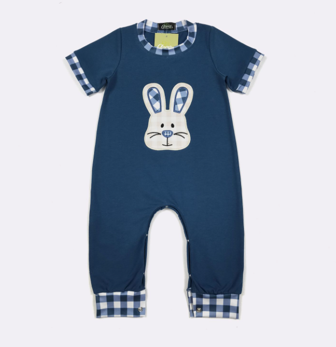 Gingham Bunny Boy Romper-embroidery