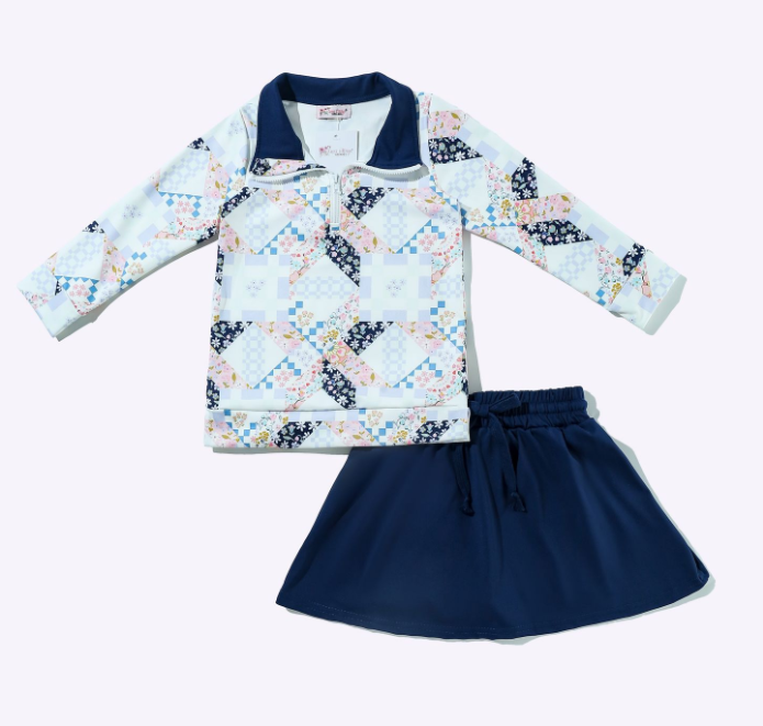 Blue Quilted Girls Quarter Zip Skort Set