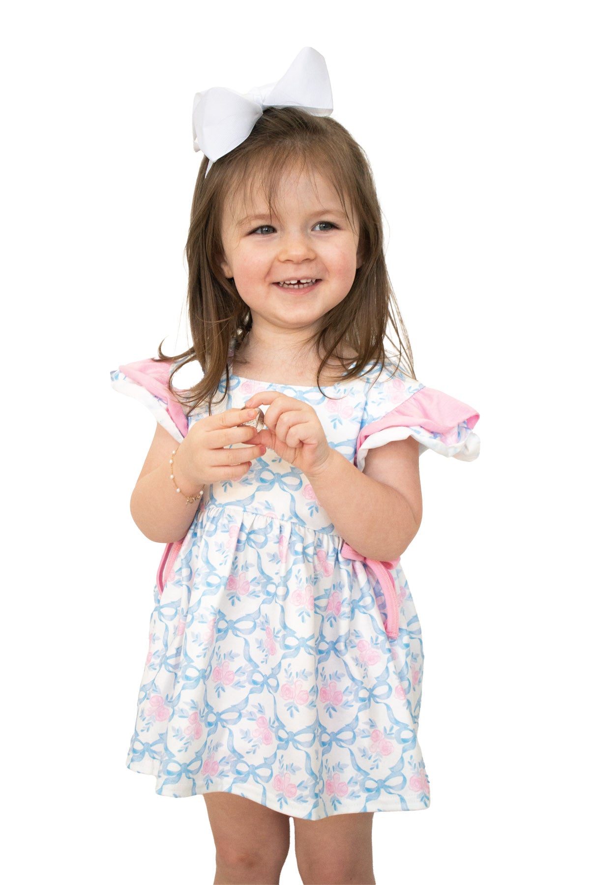 Pink bow print ruffle baby bloomers set