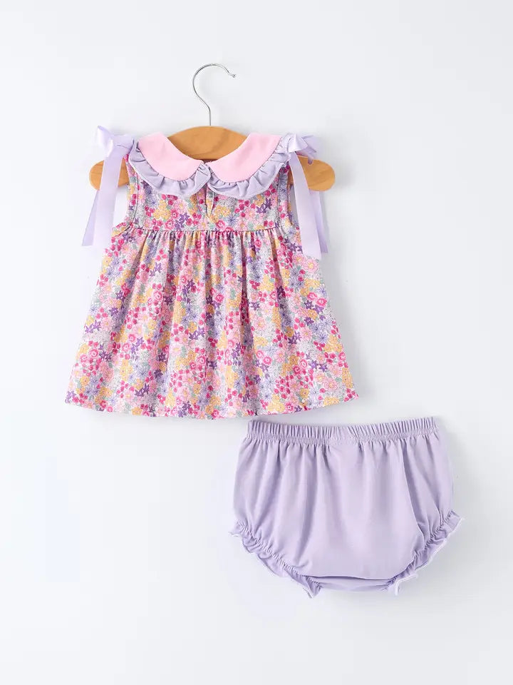 Spring Purple Floral Bow Ruffle Girl Bloomer Set