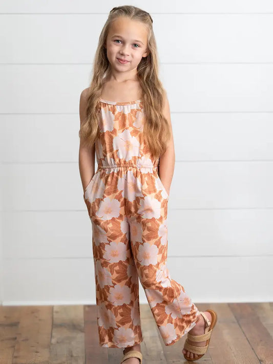 Kids Golden Peach Floral Jumpsuit with Pockets