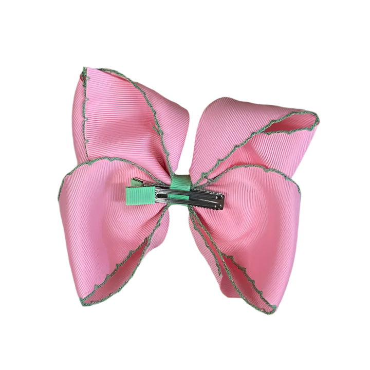 Pink with Green Moonstitch Hair Bow