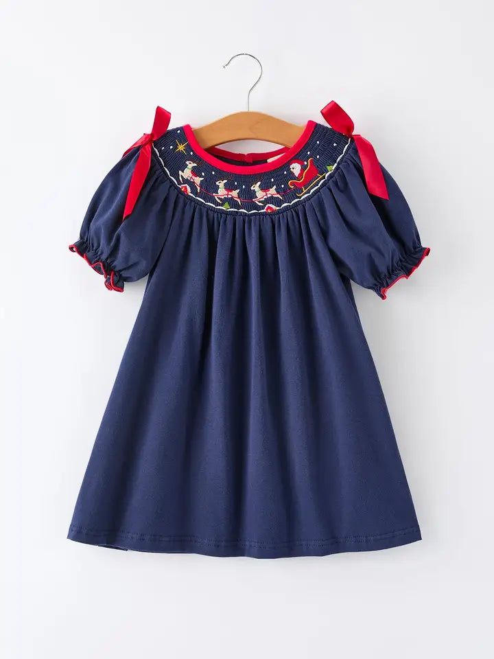 Santa's Sleigh Navy Girl Dress