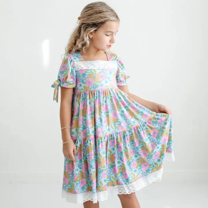 Kids Vintage Floral & Lace Tiered Square Neck Spring Dress