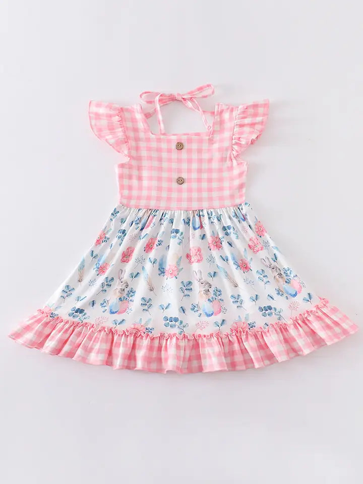 Easter Pink Plaid Rabbit Floral Girl Dress (SPECIAL DEAL)