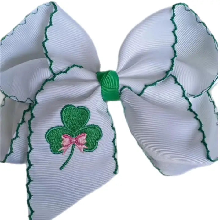 Shamrock w/pink bow Embroidered Hair Bow