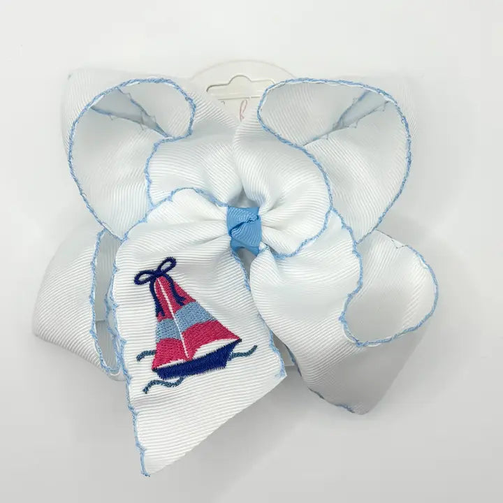 Sailboat Embroidered Hair Bow