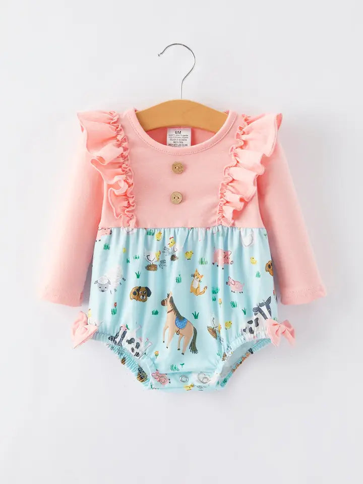 Farm Girl Ruffle Print Pink Romper