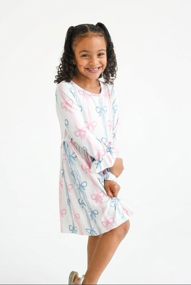 pink and blue winter dress Girls Claire Coquette Pink & Blue Bow Winter Twirl Dress – Sugar Britches  Boutique