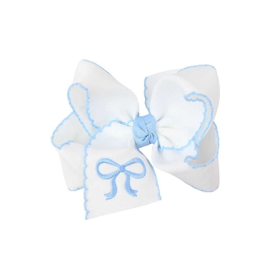 Embroidered Bow Crochet Edge Hair Bow On Alligator Clip - blue