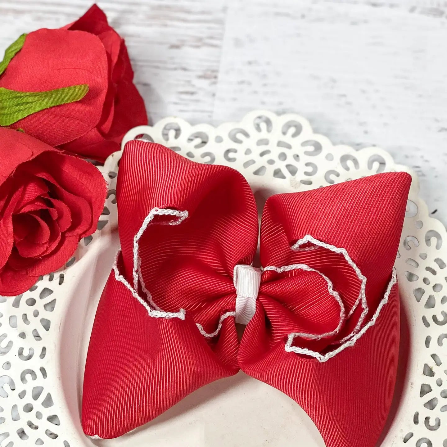 Red with White Moonstitch Bow 5"