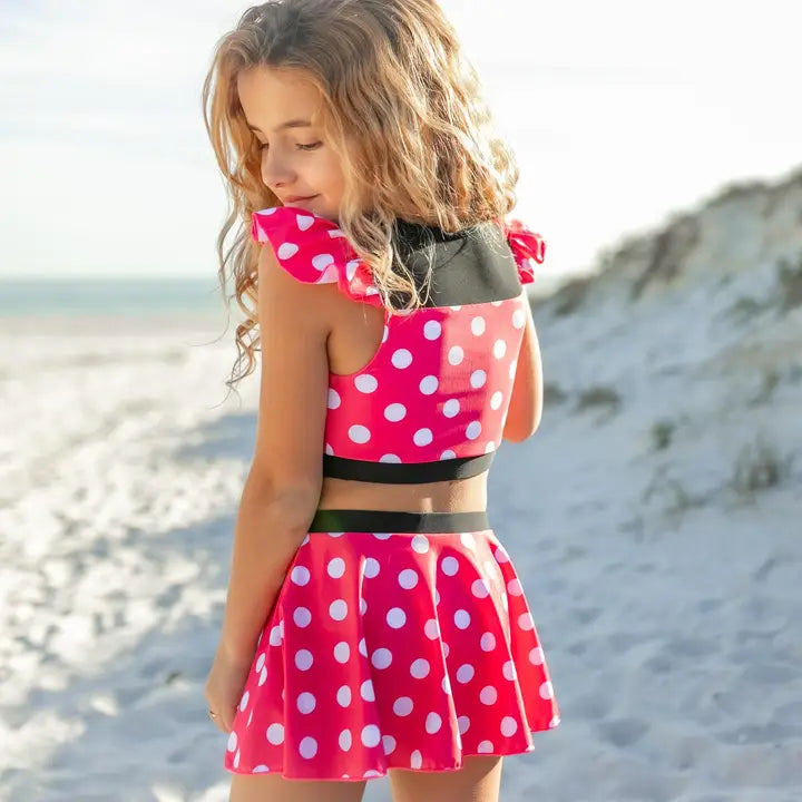 Girls Pink & Black Mini Dot Ruffle Skirted 2 Piece Swimsuit