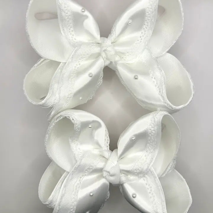 White Satin Lace Pearl Bow 5.5"