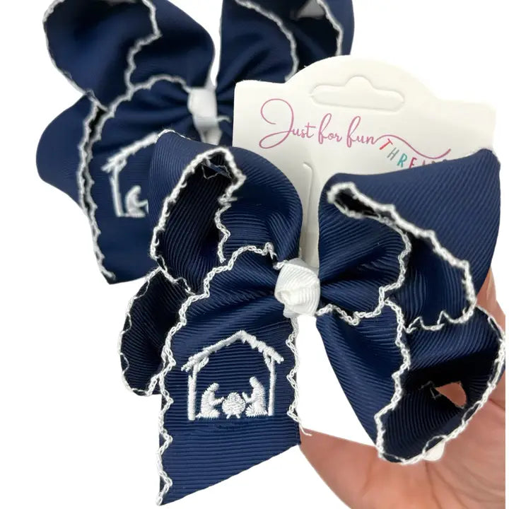 Navy Nativity Scene Moonstitch Hair Bow 5.5"