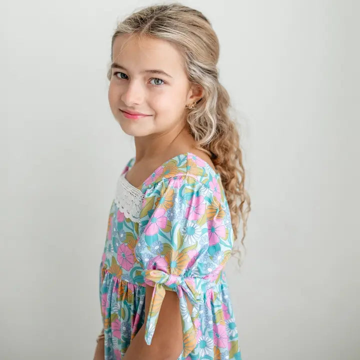 Kids Vintage Floral & Lace Tiered Square Neck Spring Dress