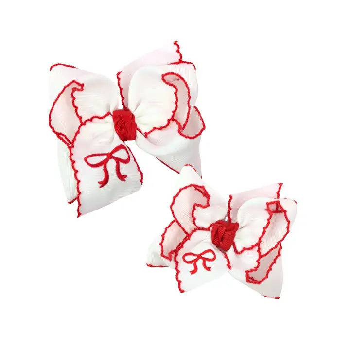 Embroidered Bow Crochet Edge Hair Bow On Clip (Red)
