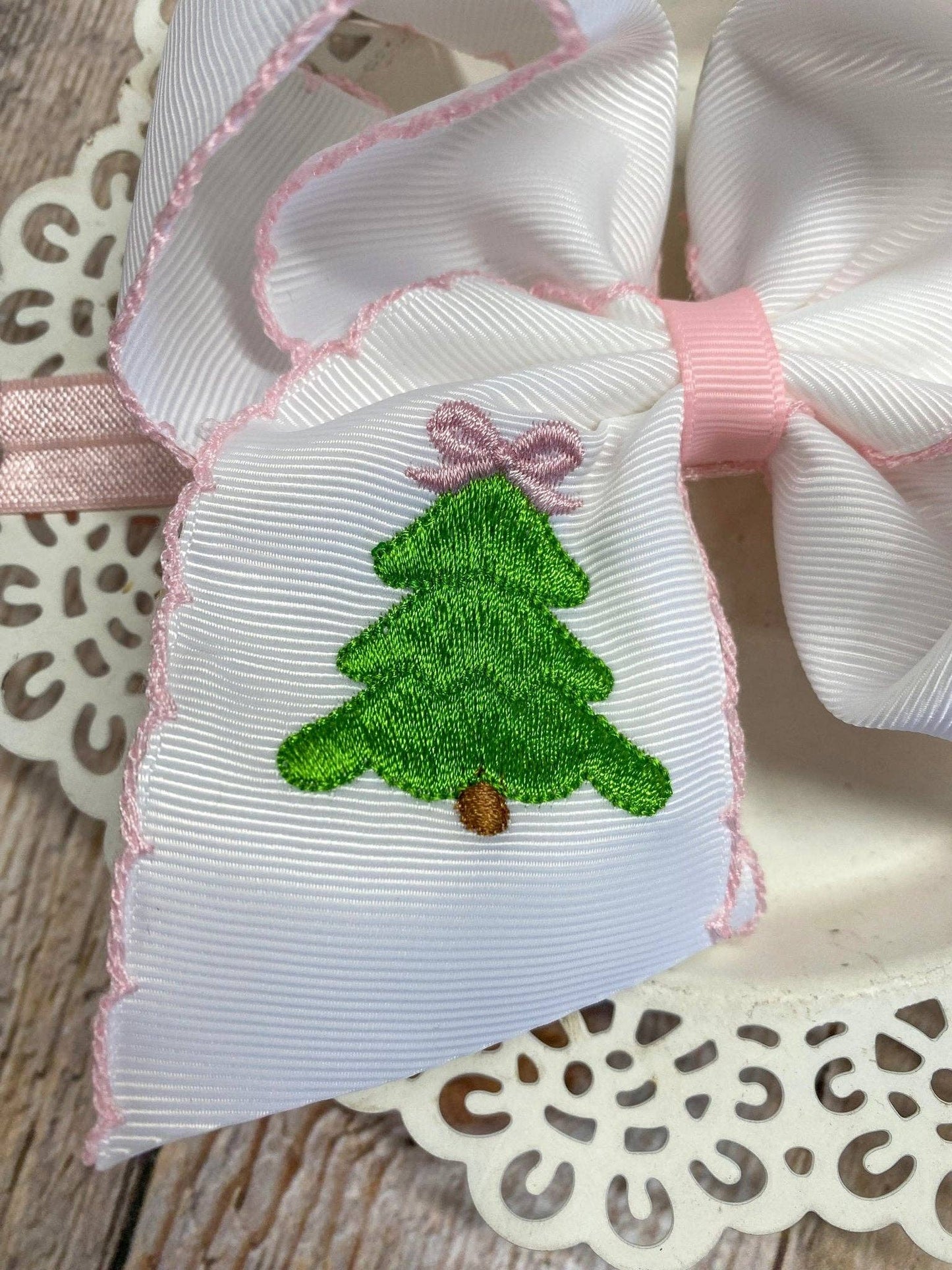 Pink Christmas Tree Embroidered Hair Bow | Clip or Headband