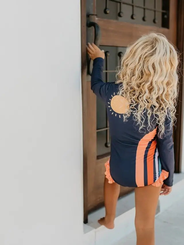 Kids Rainbow Navy Zip Rash Guard One Piece Swimsuit
