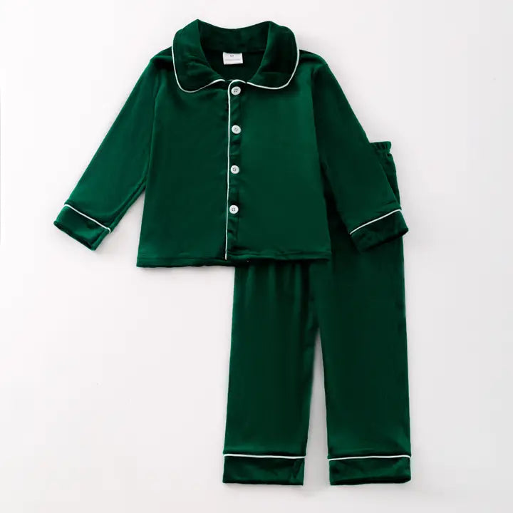 Boys Christmas Green Velvet Long Sleeves Pant Pajamas Set