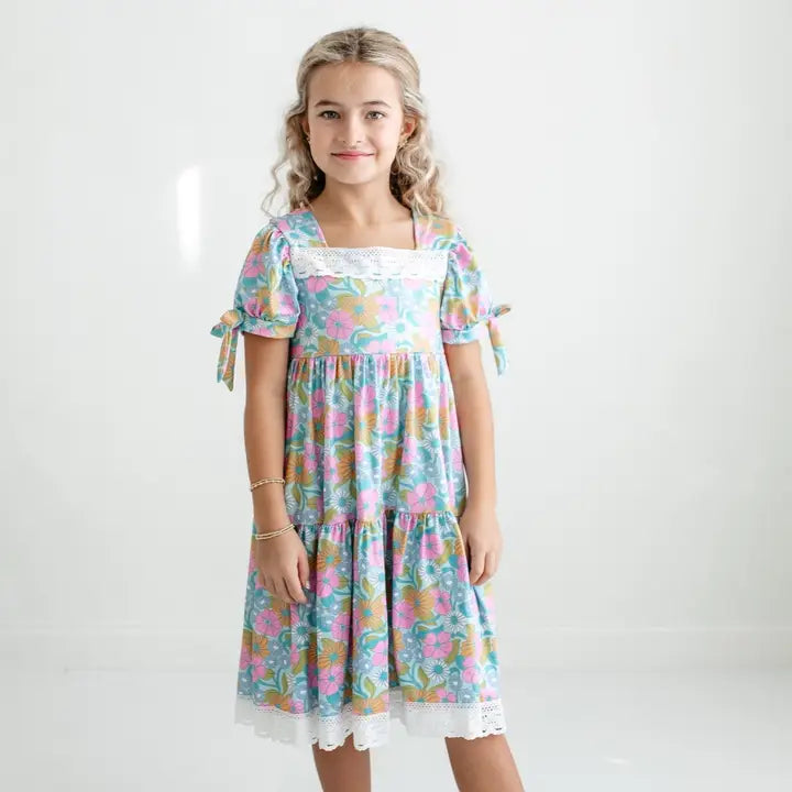 Kids Vintage Floral & Lace Tiered Square Neck Spring Dress