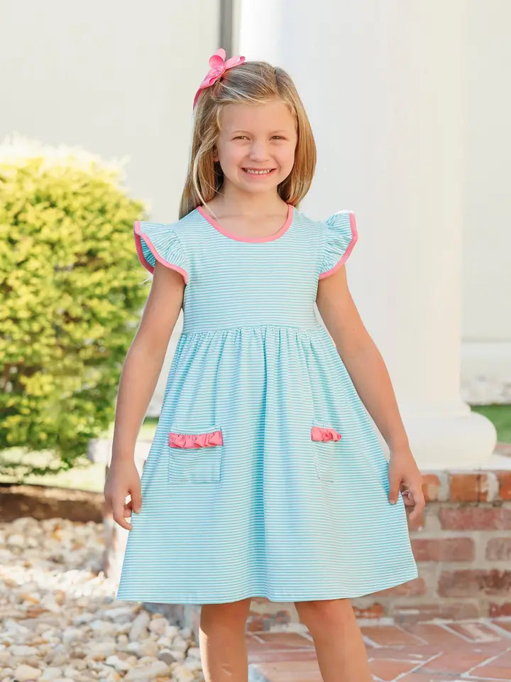 Mia Dress- Dark Mint Stripe w/ Pink