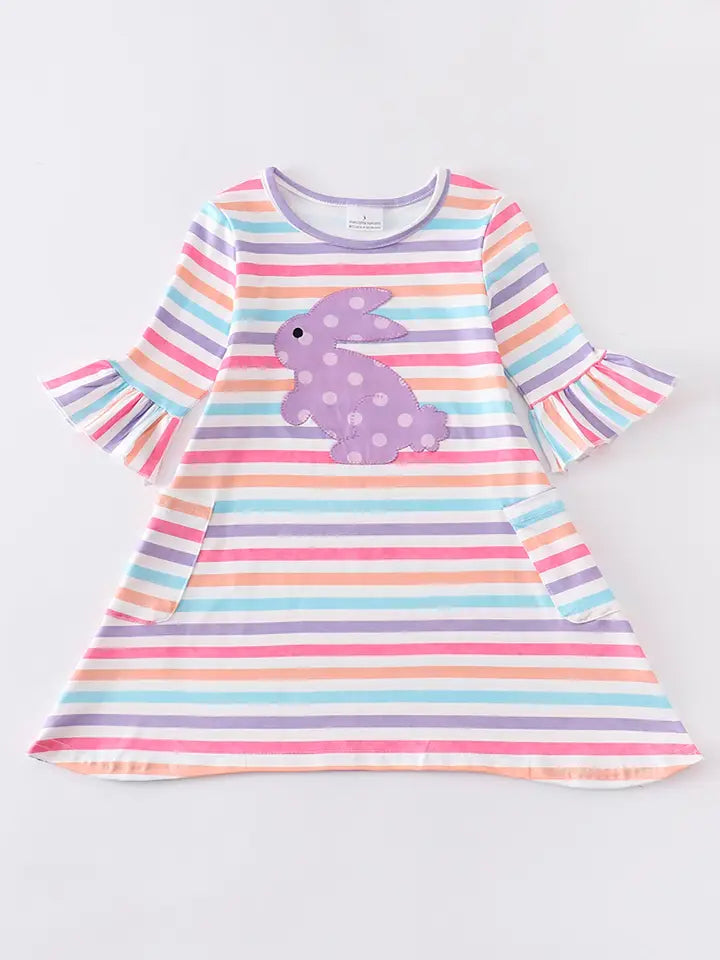 Colored Stripe Rabbit Applique Girl Dress (SPECIAL DEAL)