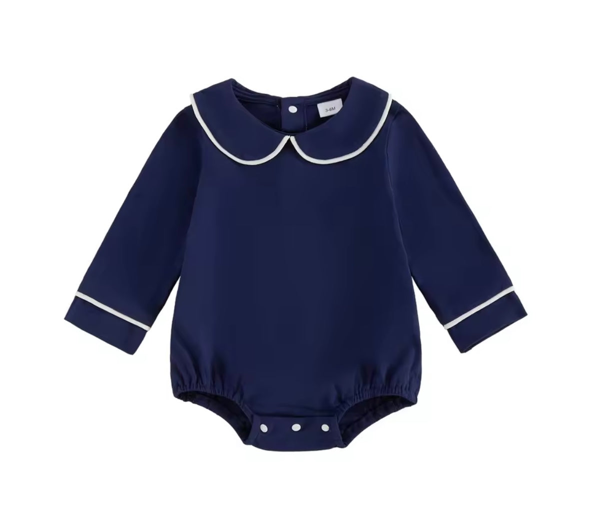Navy Shirt Collar Romper w/white Trim