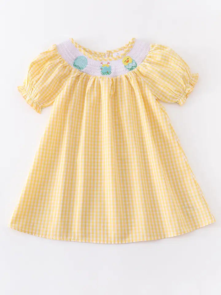 Yellow Plaid Chicken Smocked Dress