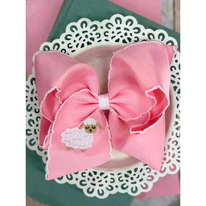 Little Lamb Embroidered Light Pink Moonstitch Hair Bow