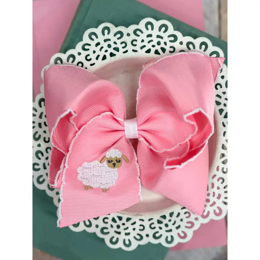 Little Lamb Embroidered Light Pink Moonstitch Hair Bow