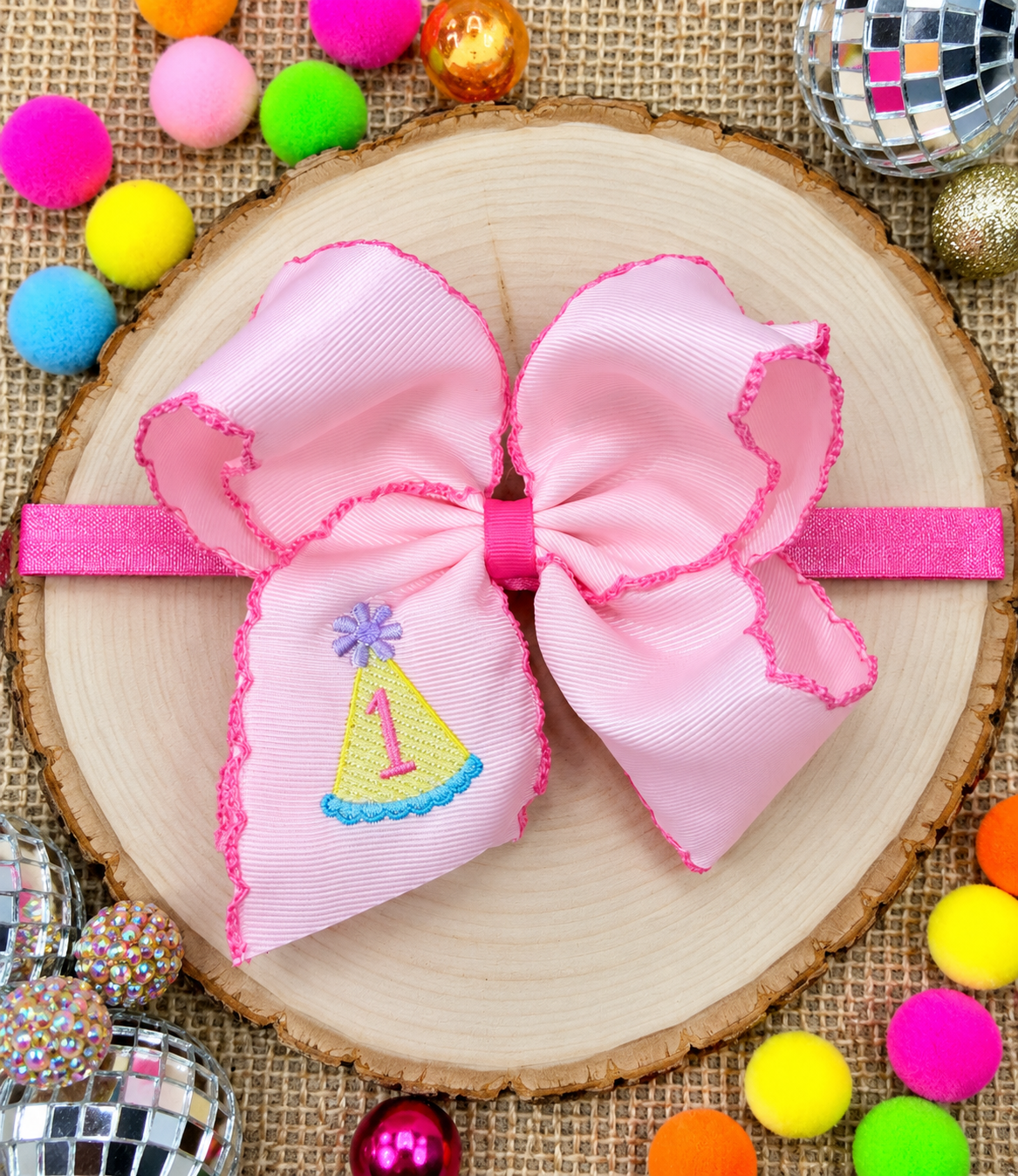 Birthday Girl Party Hat Moonstitch Hair Bow