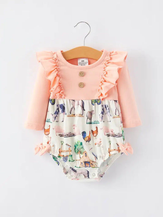 Farm Girl Ruffle Print Peach Romper