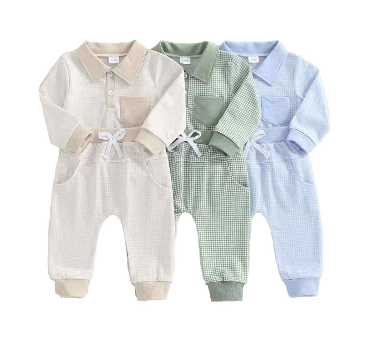 Little Gentleman Gingham Jogger Set - Neutral Beige