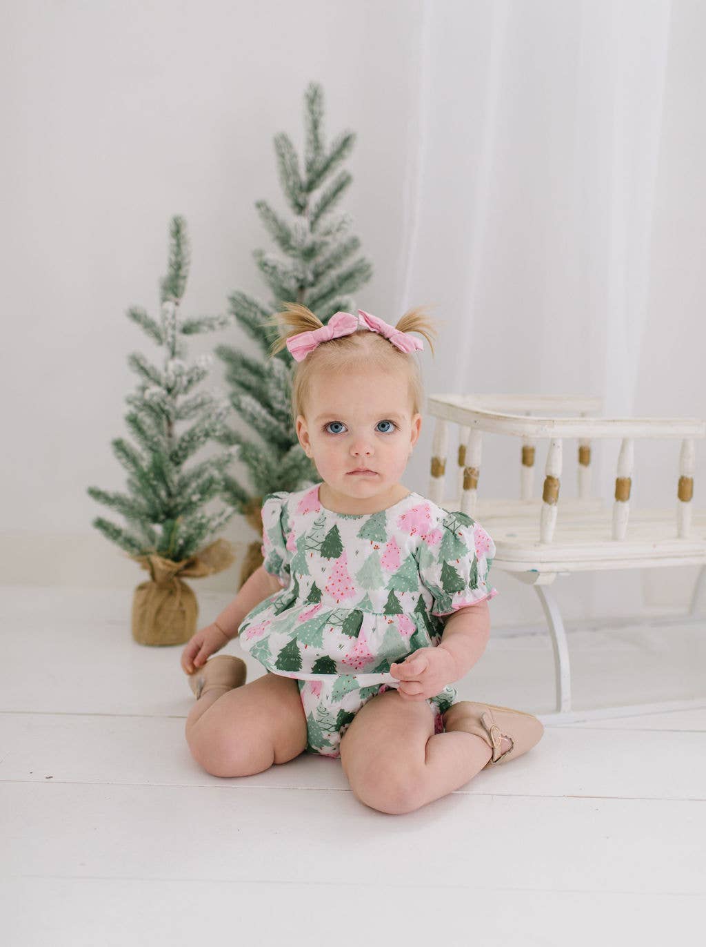 Quinn Poplin Romper in Christmas Trees | Ollie Jay